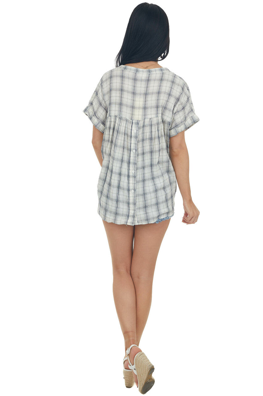 Ivory Plaid Woven Top with Button Up Back