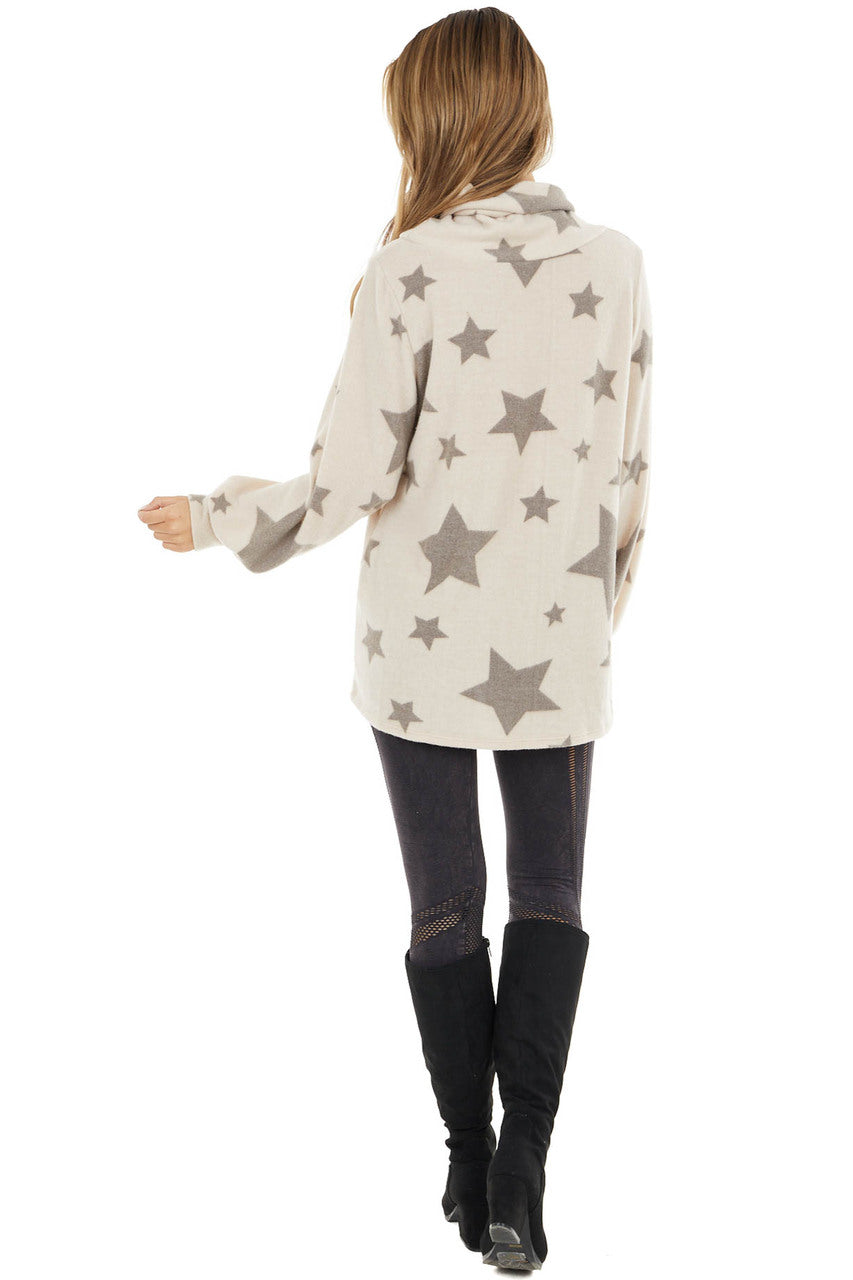 Latte Star Print Long Sleeve Flannel Top with Cowl Neckline
