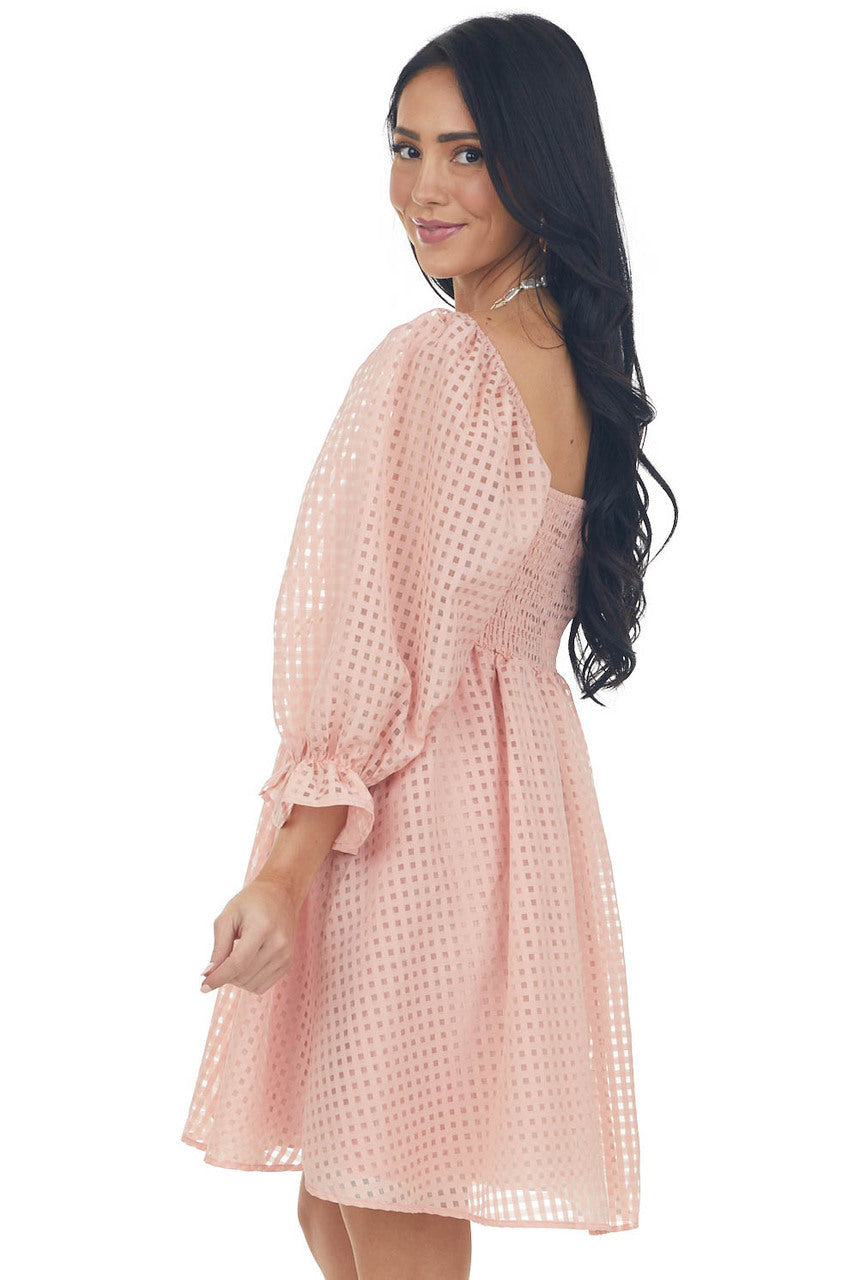 Peach Sheer Checkered Pattern Short Dress 