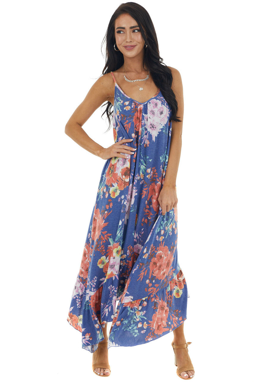 Sapphire Floral Sleeveless Maxi Dress with Rounded V Neck 