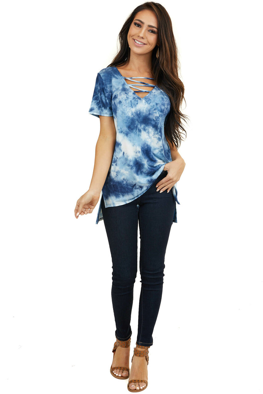 Blue Tie Dye Short Sleeve Knit Top with Cutout Details 