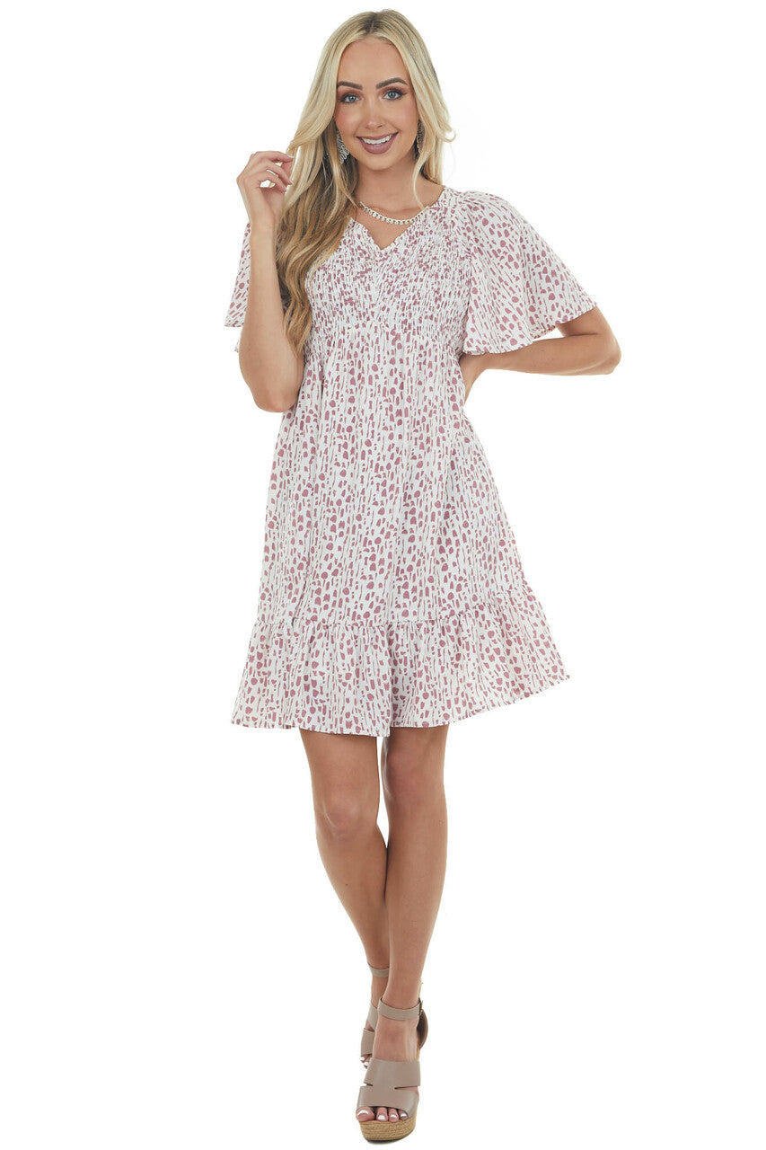 Mauve Spotted Smocked Bodice Babydoll Dress