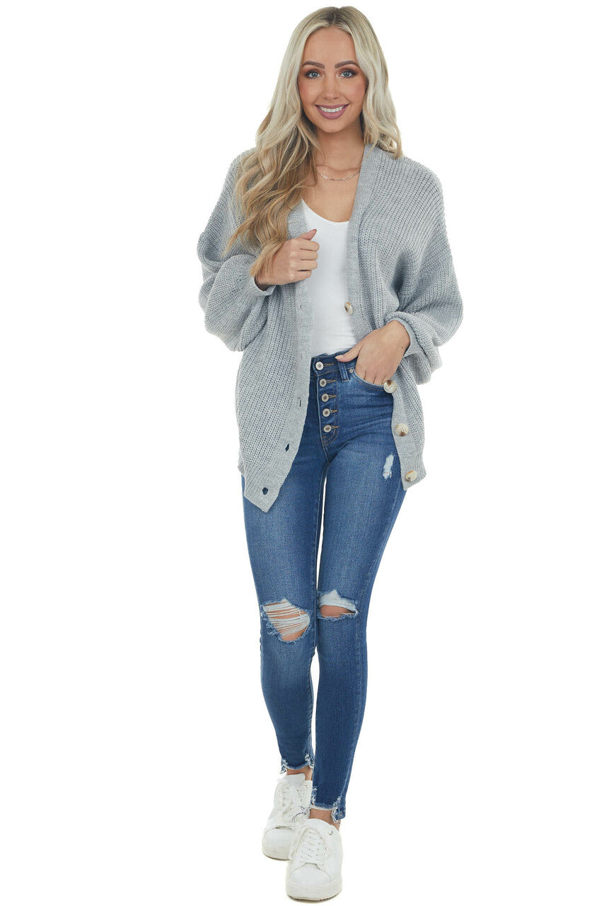 Dove Grey Button Front V Neck Loose Cardigan