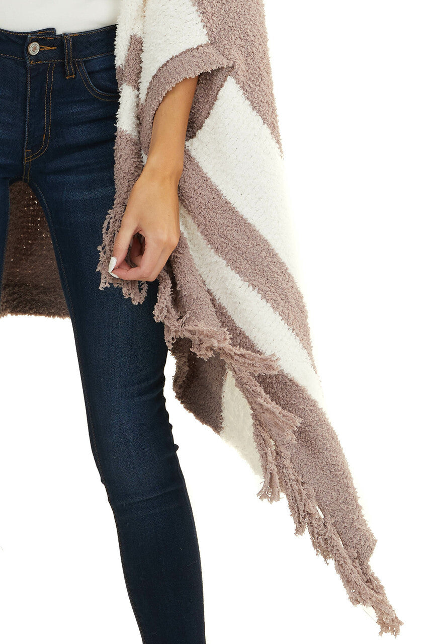Dusty Rose Super Soft Poncho with Stripes and Fringe Details 