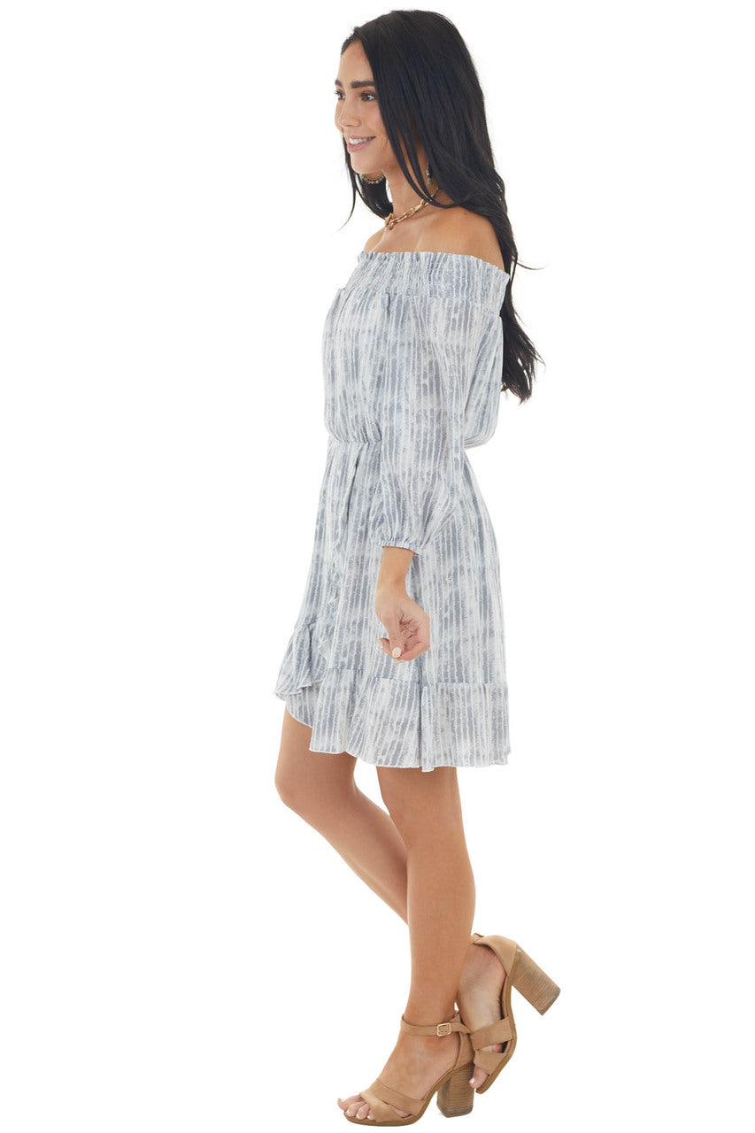 Steel and Ivory Tie Dye Striped Off the Shoulder Mini Dress