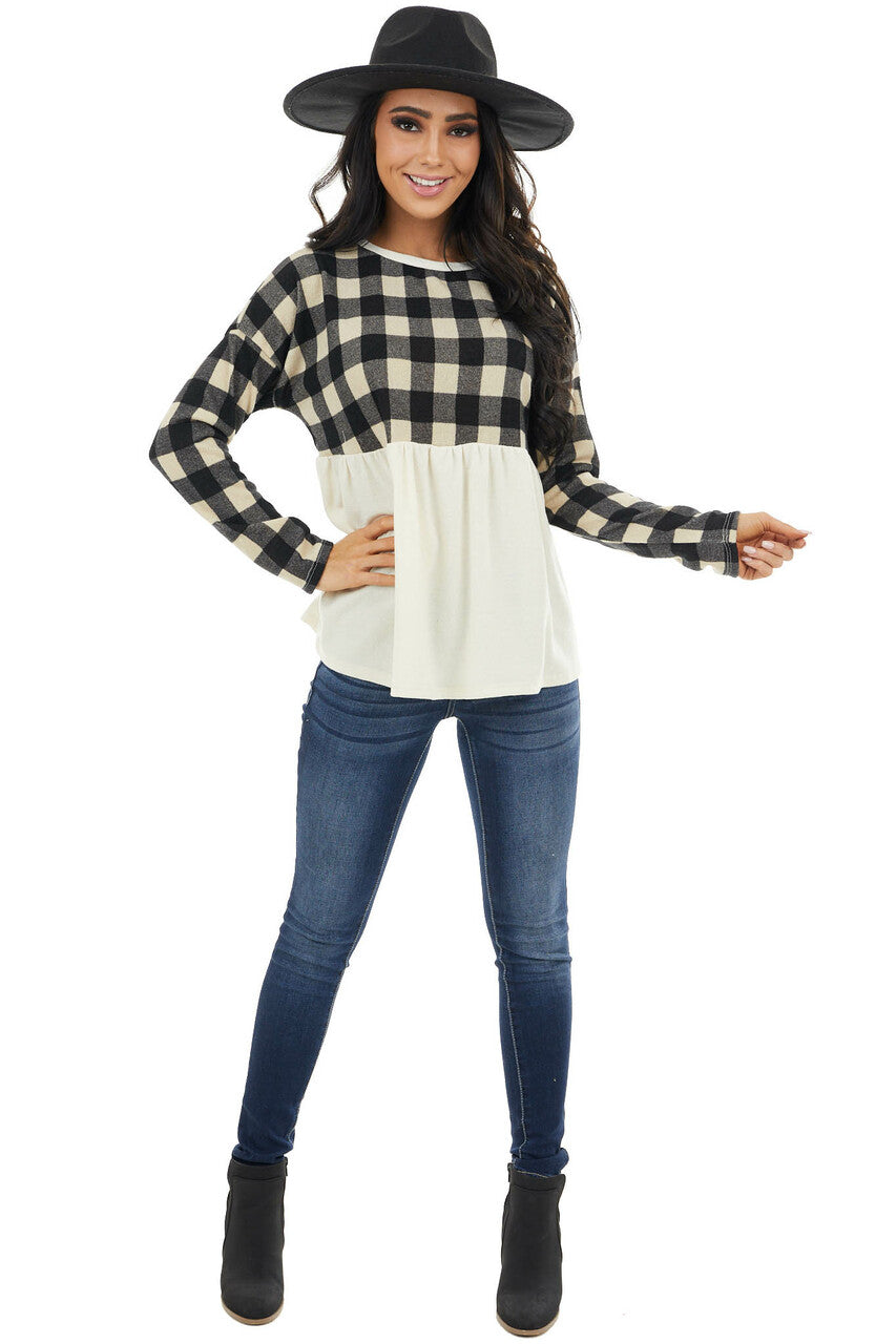 Black and Cream Buffalo Plaid Babydoll Top with Long Sleeves