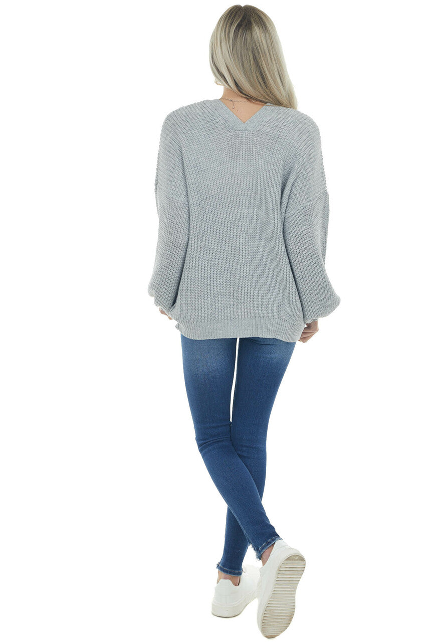 Dove Grey Button Front V Neck Loose Cardigan