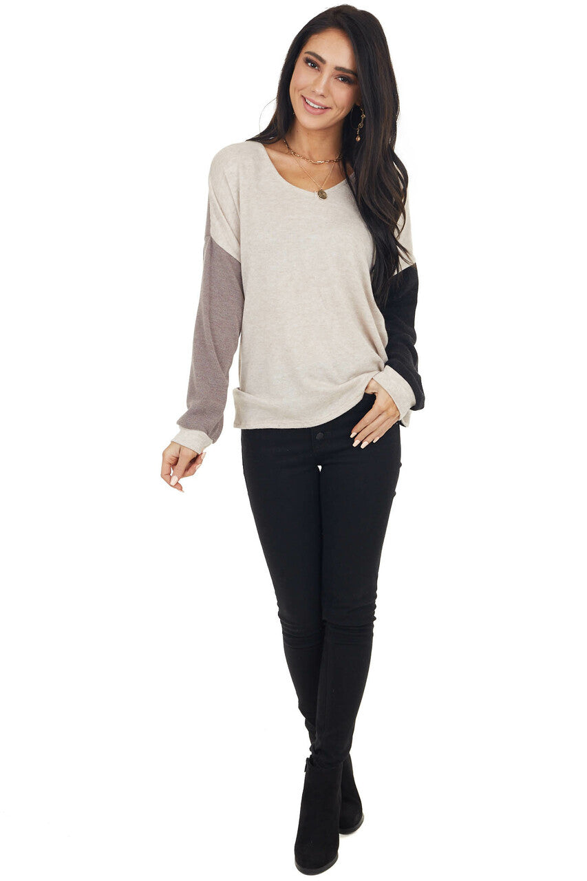 Blush Black and Taupe Colorblock Top with Back Twist Detail 