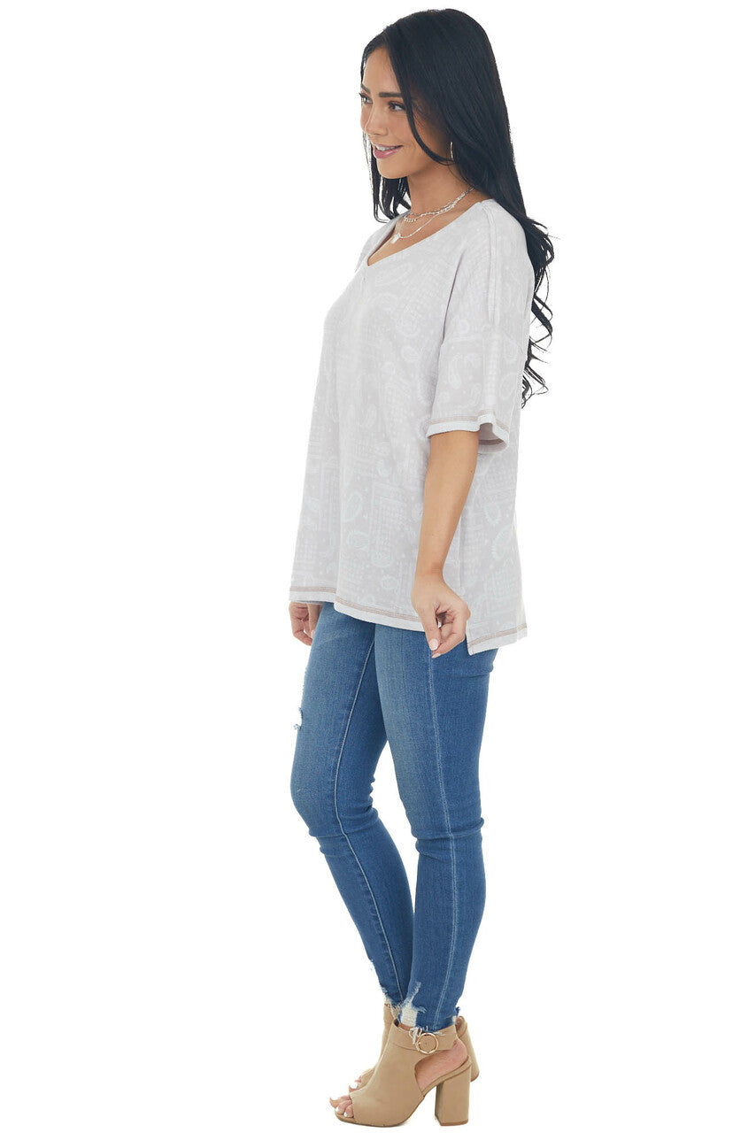 Cloud Grey Paisley Print Stretchy Knit Top