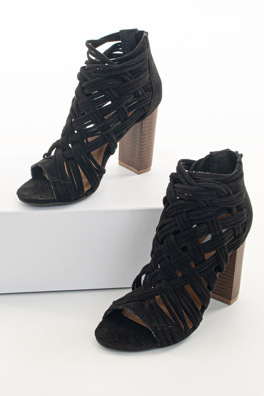 Black Faux Suede Strappy Sandal with Chunky Heel