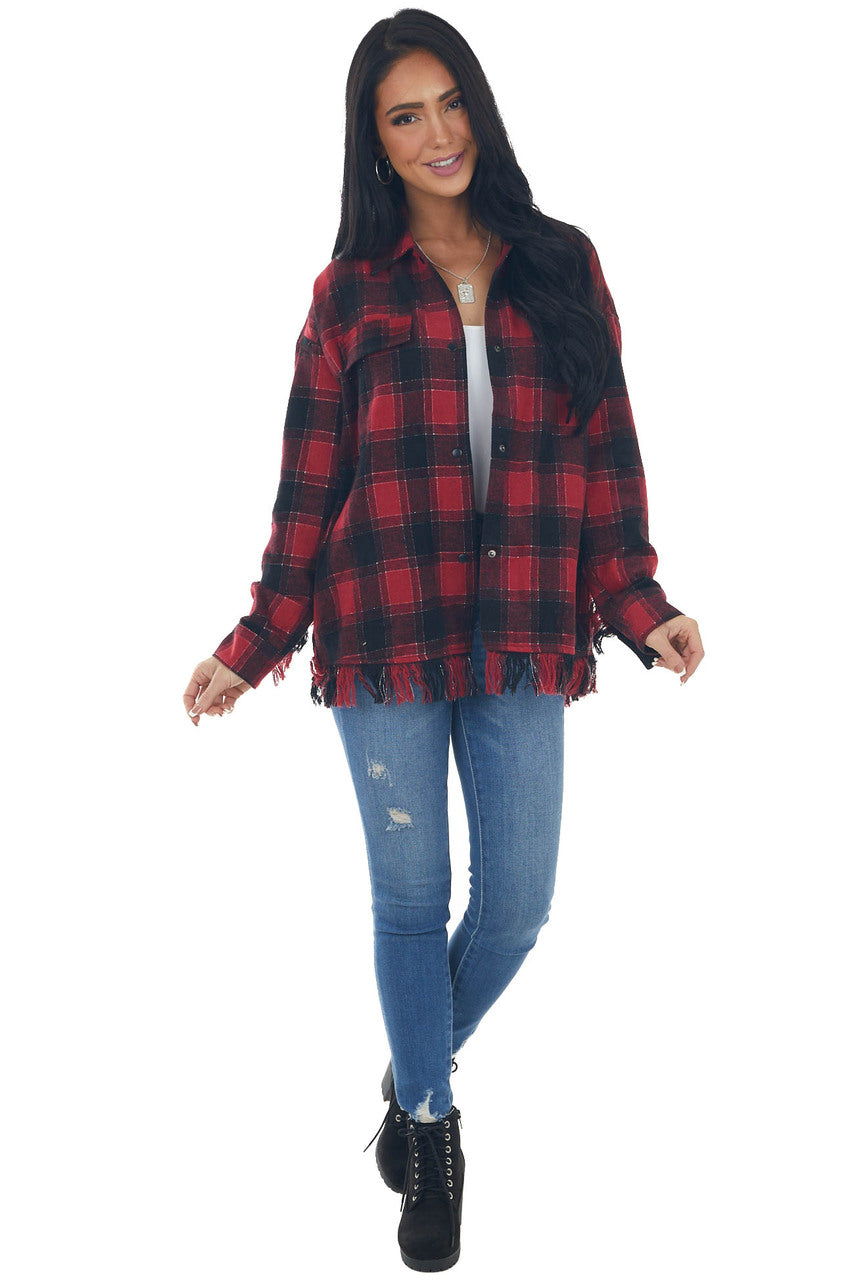 Crimson Plaid Shirt Jacket with Fringe Details