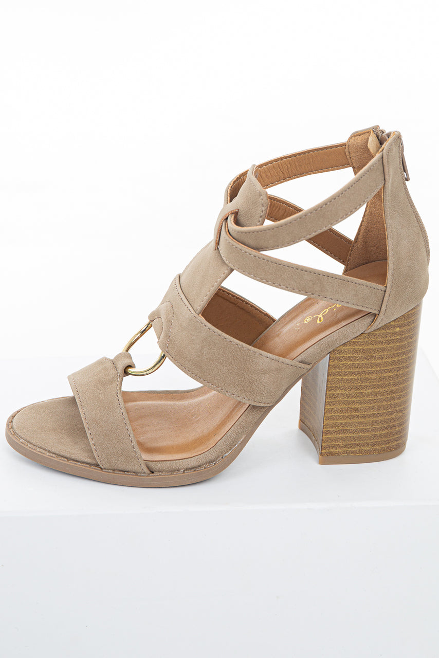 Beige Faux Leather Strappy High Heel with Gold Ring Detail