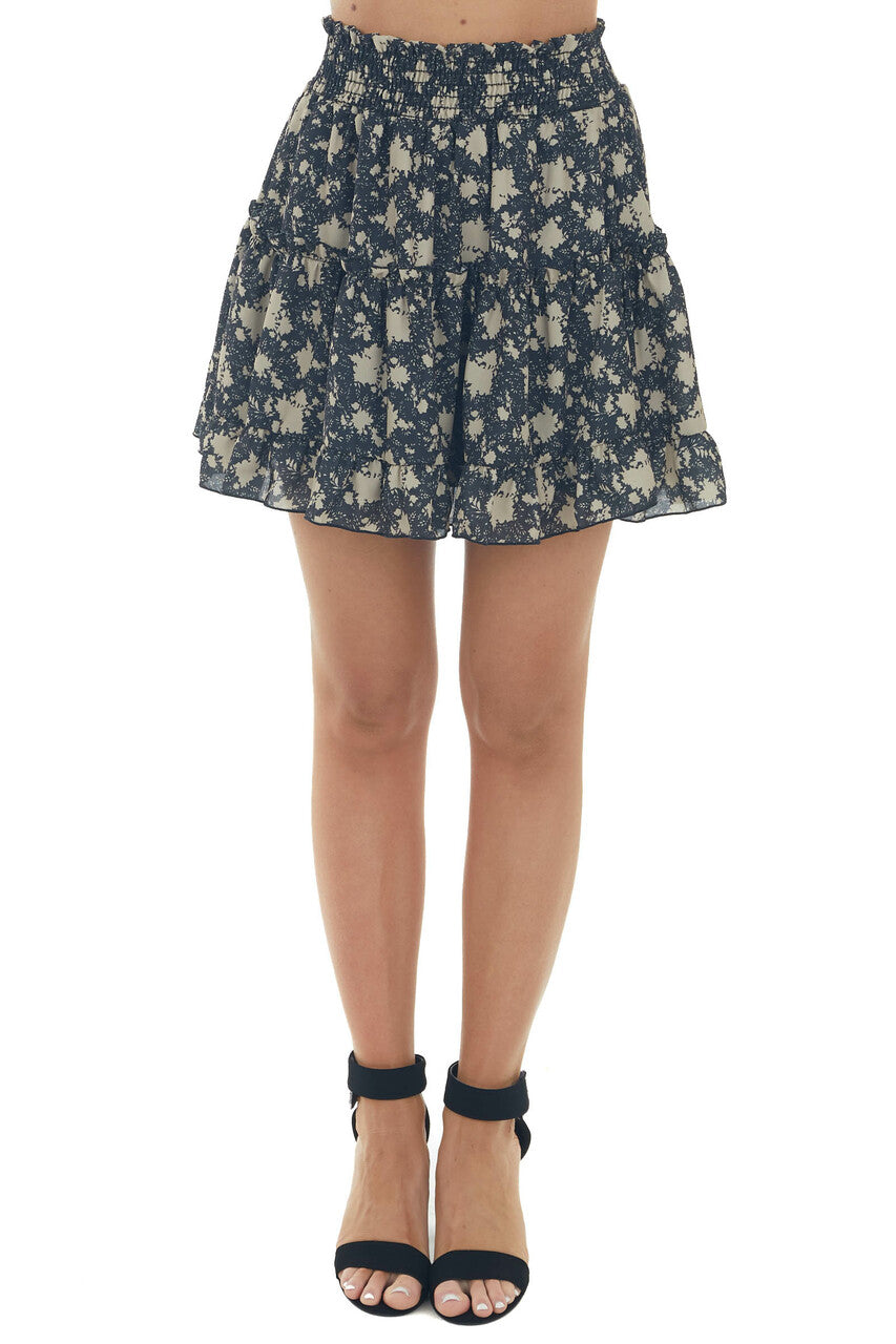 Black and Camel Floral Print Tiered Mini Skirt