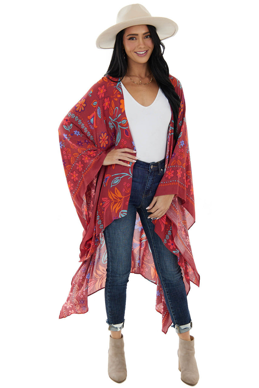 Marsala and Fire Colorful Floral Print Kimono