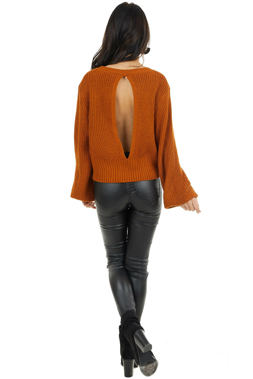 Pumpkin Spice Long Bubble Sleeve Sweater with Back Cutout