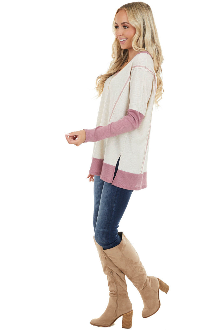 Cream and Mauve Contrast Waffle Knit V Neck Top
