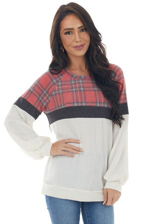 Crimson Plaid Colorblock Brushed Knit Top