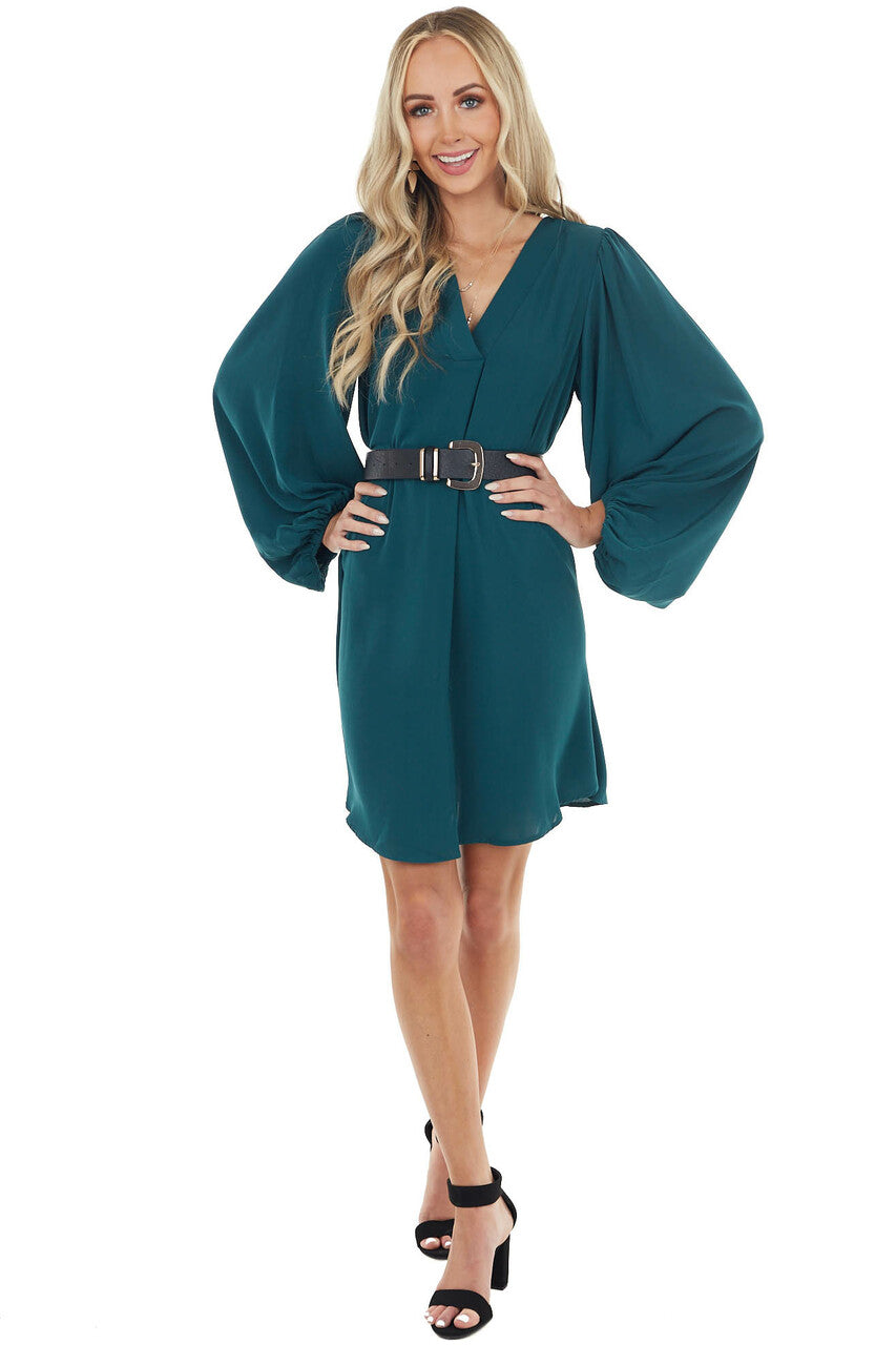 Dark Pine Long Bubble Sleeve V Neck Soft Woven Short Dress