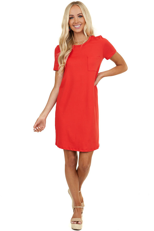 Crimson Short Sleeve Soft Knit Mini Dress with Chest Pocket 
