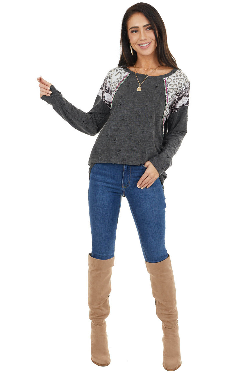 Charcoal Distressed Top with Leopard and Snake Print