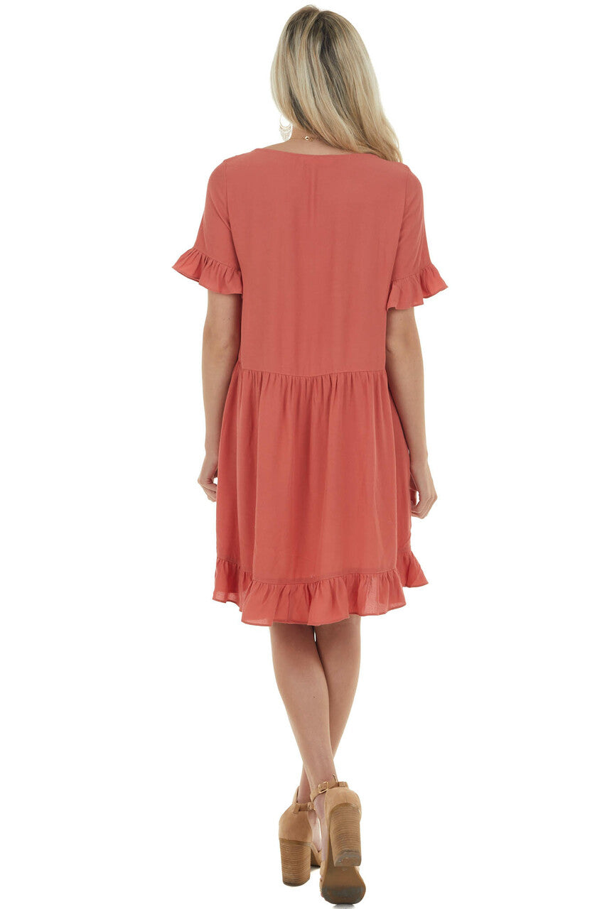 Terracotta Square Neck Tiered Short Dress
