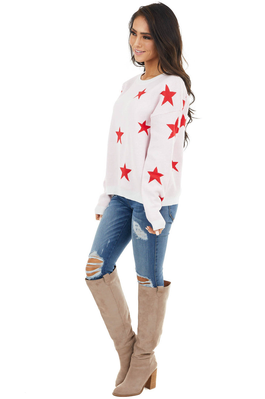 Ivory and Cranberry Star Print Stretchy Knit Long Sleeve Top