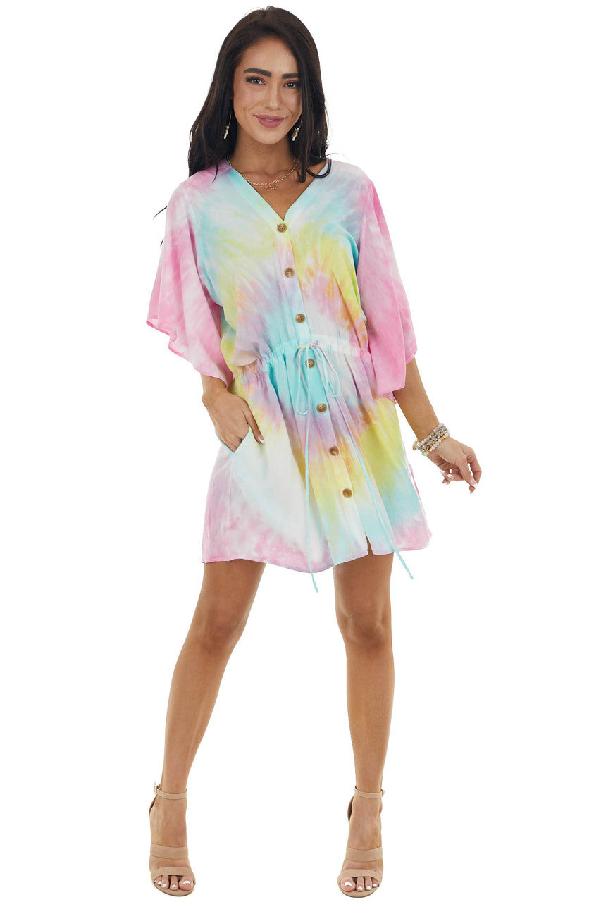 Multicolor Tie Dye Short Sleeve Button Dress