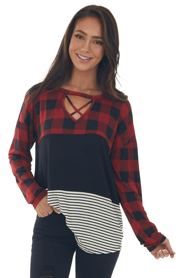 Cherry Buffalo Plaid Multiprint Strappy Top