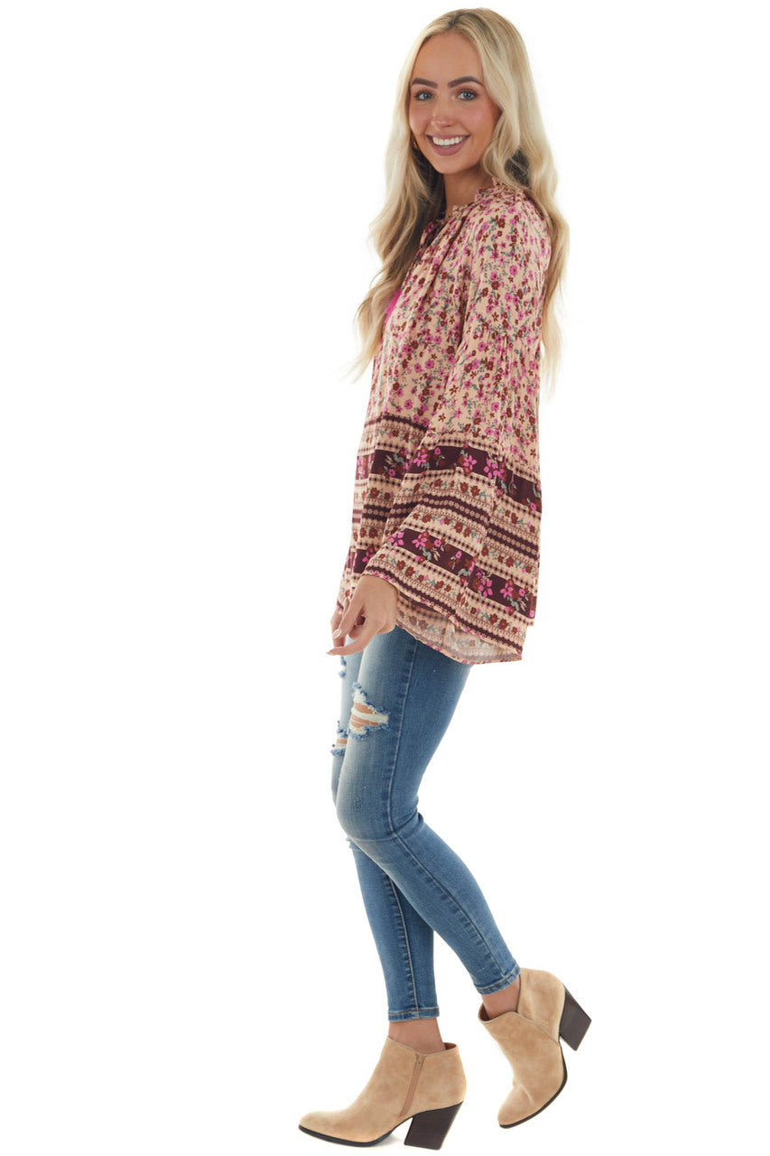 Beige Printed Bell Sleeve Top with Tassel Tie