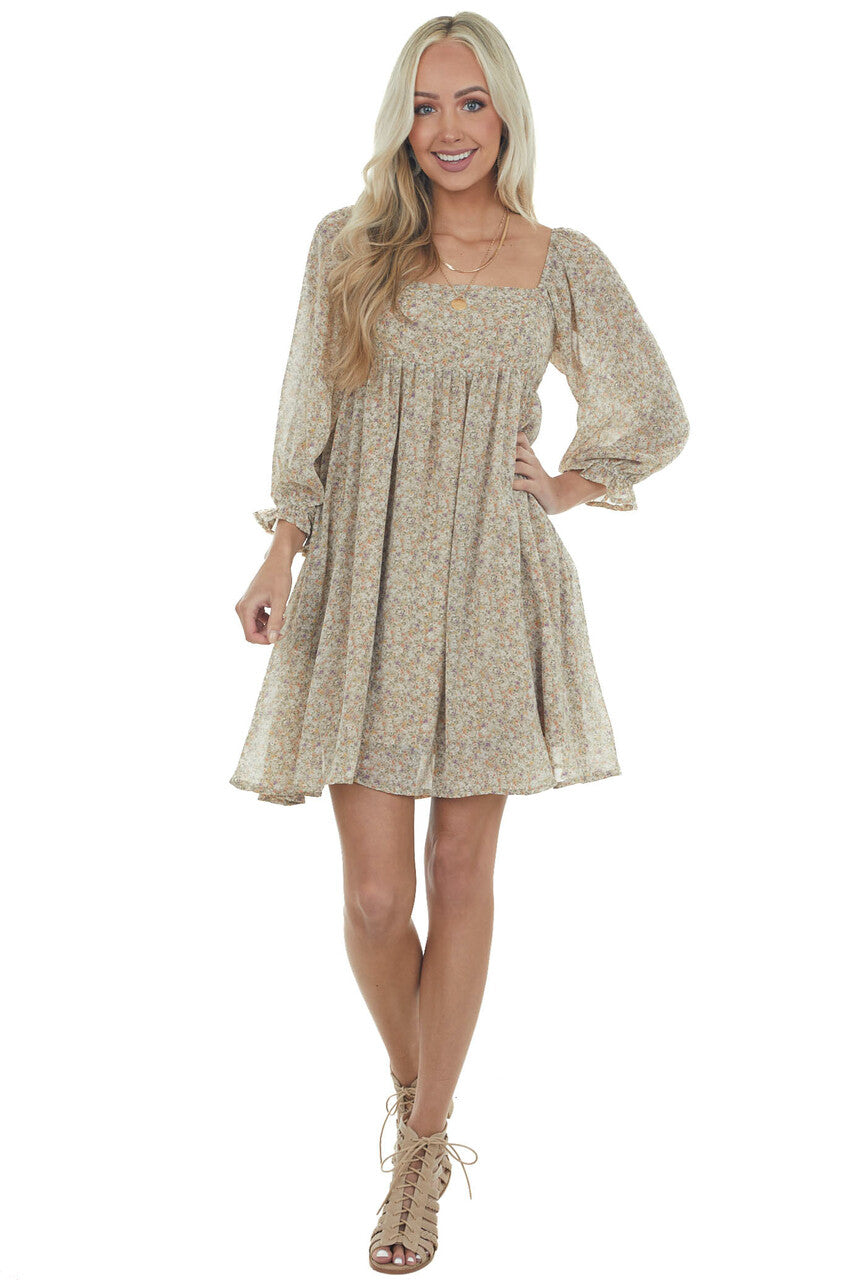 Khaki Ditsy Floral Square Neck Short Dress