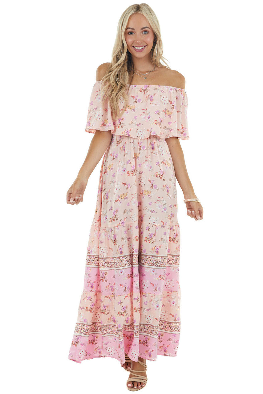 Light Peach Floral Print Off Shoulder Woven Maxi Dress