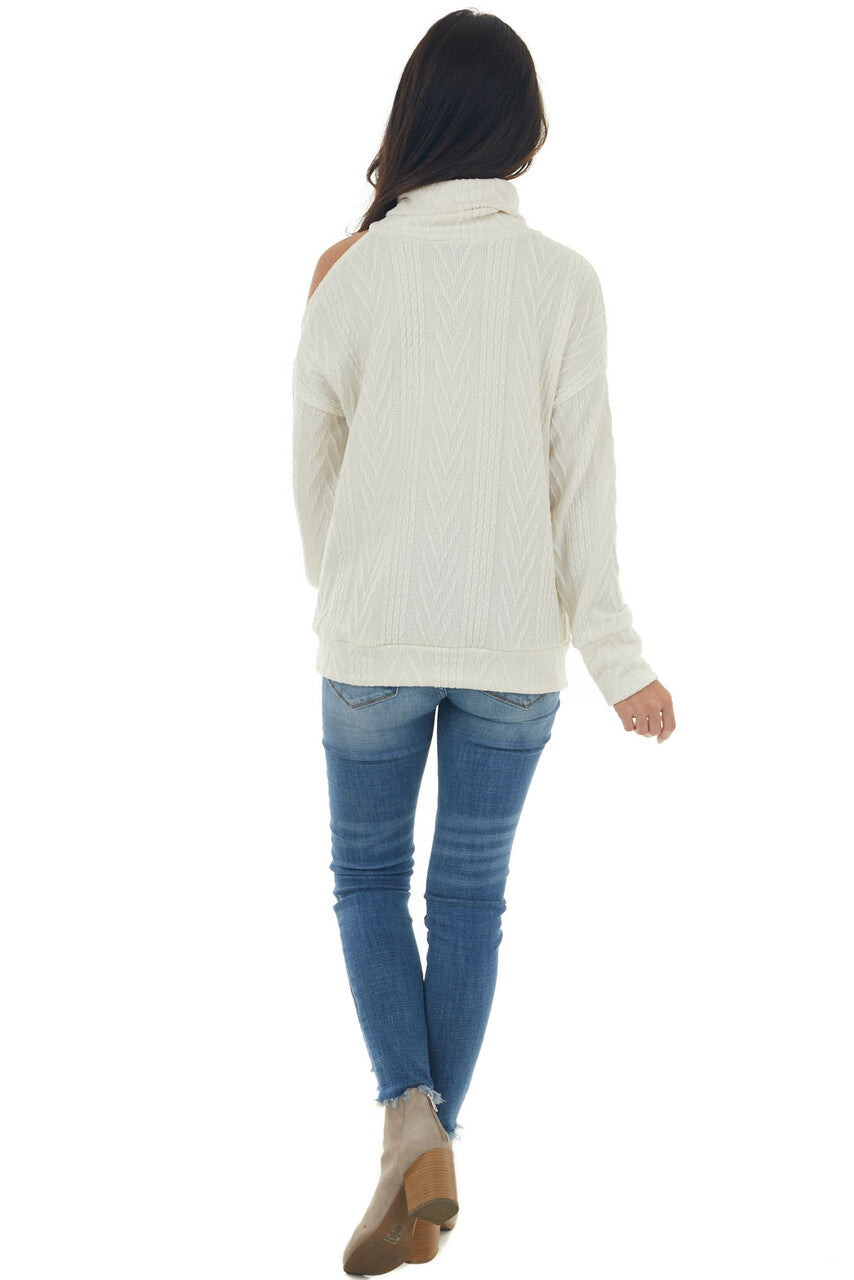 Cream Textured Cowl Neck Cold Shoulder Sweater 