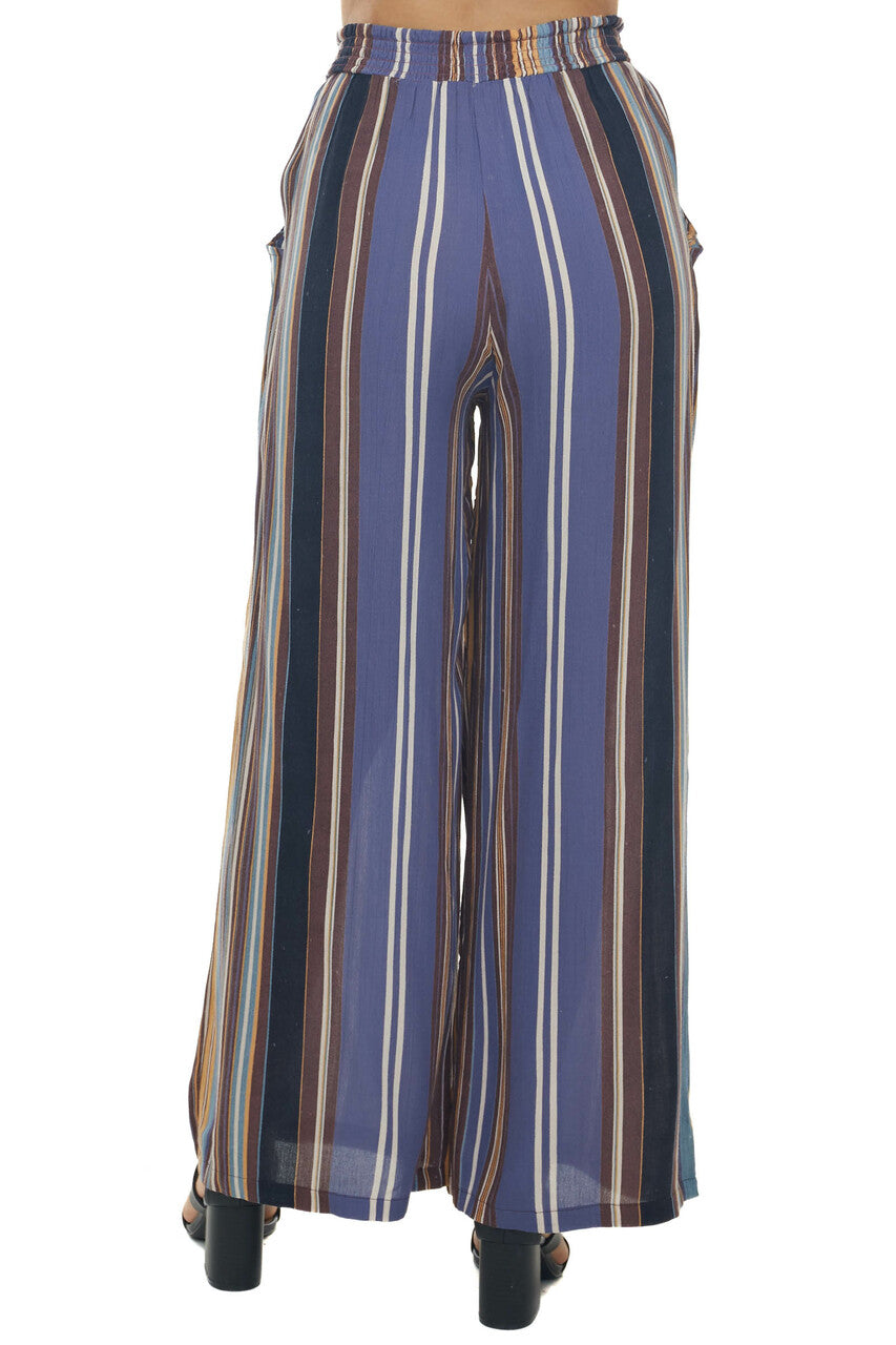 Dusty Blue Striped Pants with Elastic Waist