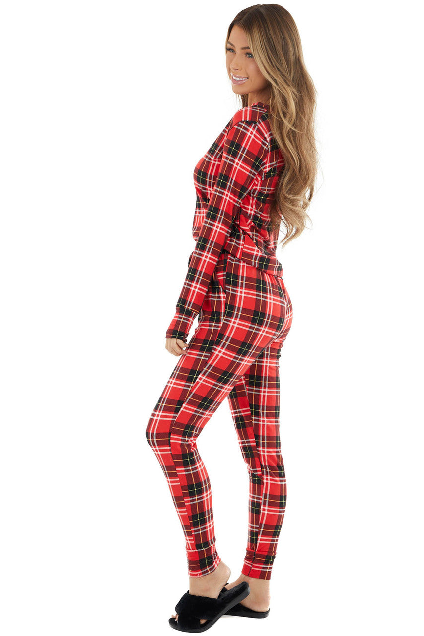 Crimson and Black Plaid Pajama Top and Joggers Set