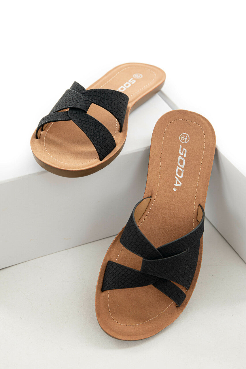 Black and Snakeskin Open Toe Flat Sandal