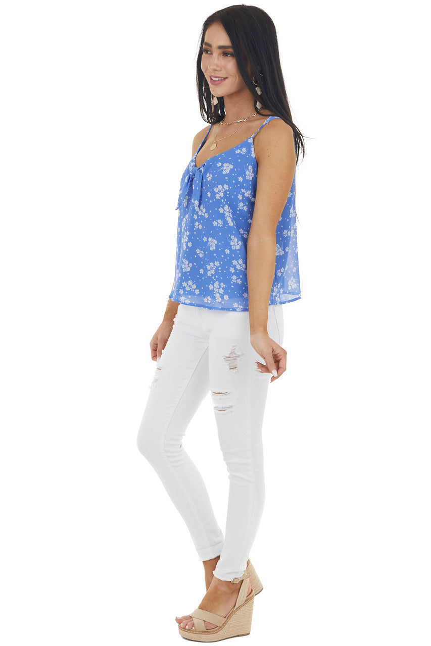 Cornflower Floral Print Sleeveless Blouse with Tie Detail 