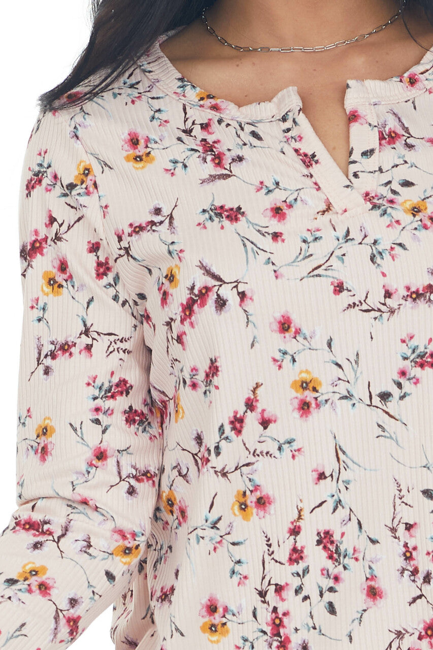 Blush Floral Print Notch Neck Ribbed Knit Top