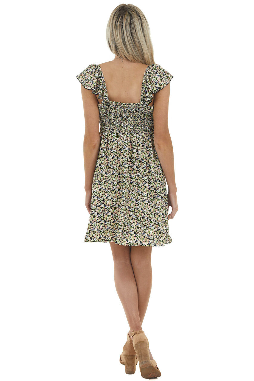 Black Ditsy Floral Short Dress with Back Smocked Detail