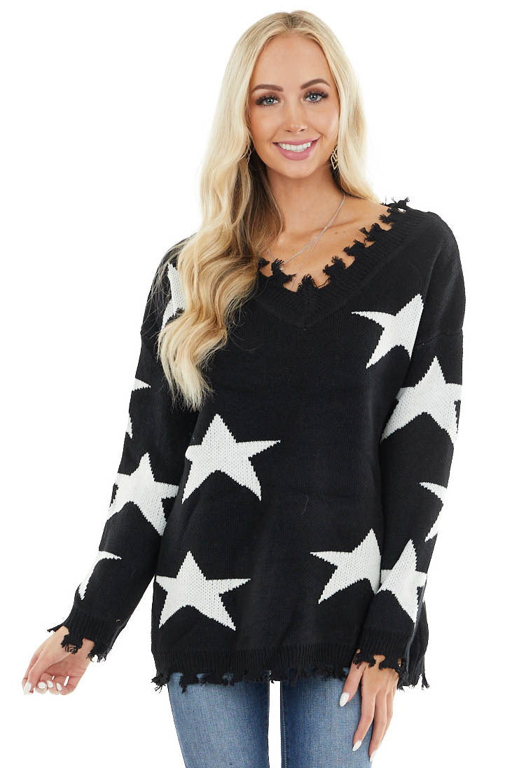 Black and Ivory Star Print Sweater Top with Fringe Detail