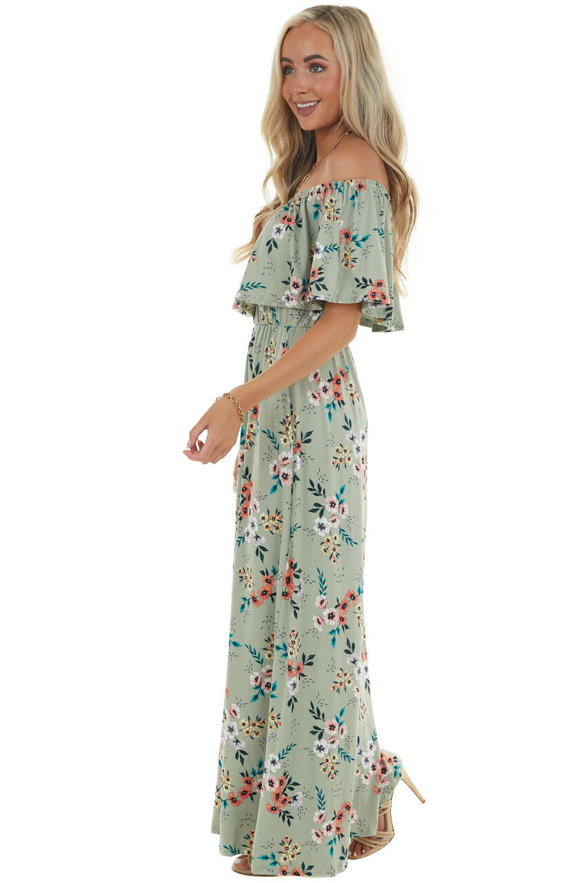 Sage Floral Print Off the Shoulder Maxi Dress