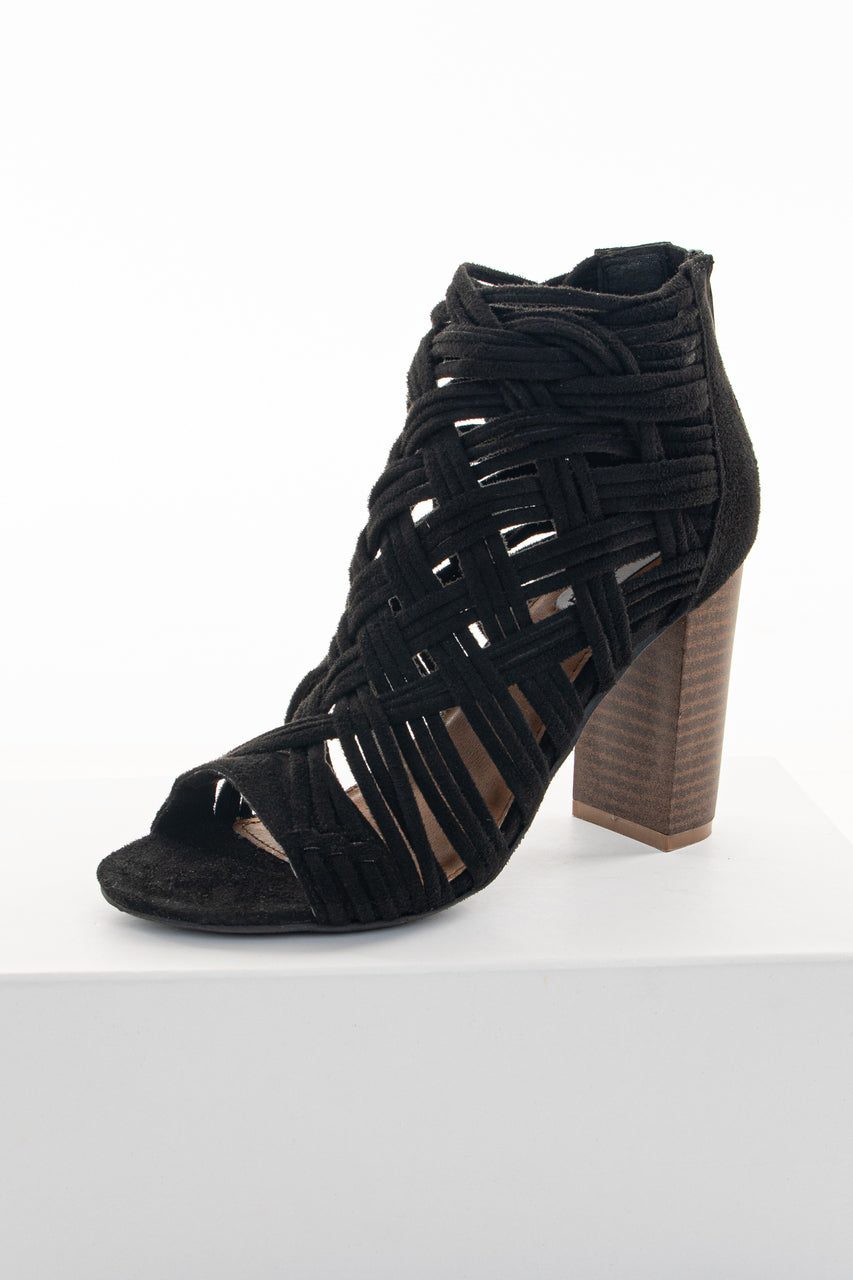 Black Faux Suede Strappy Sandal with Chunky Heel