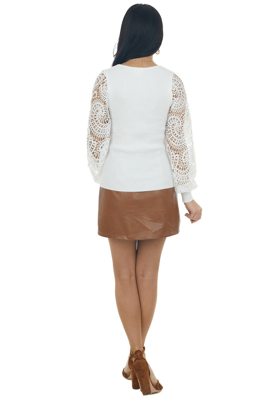 Ivory Crochet Lace Long Sleeve Ribbed Knit Top 