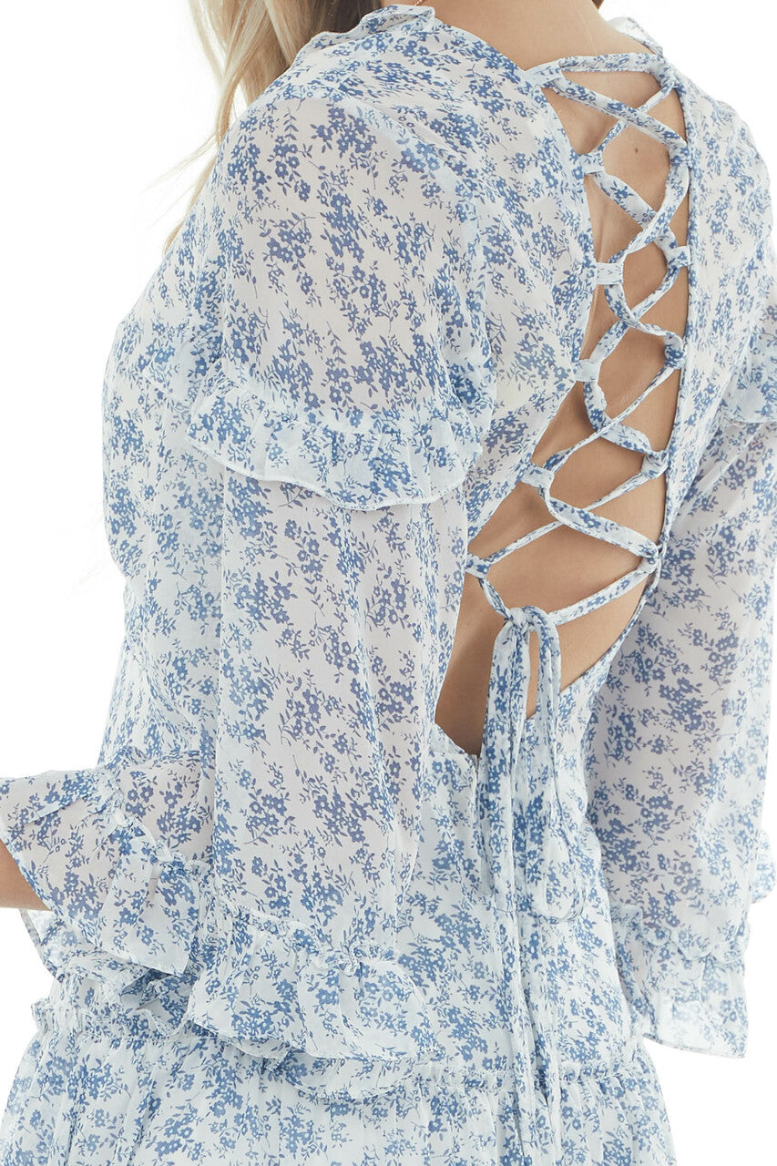 Ocean Ditsy Floral Tiered Short Dress with Open Back Detail 