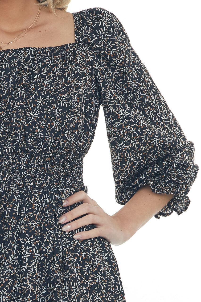 Black Printed Long Bubble Sleeve Short Dress