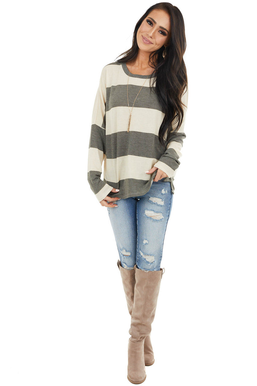 Charcoal and Cream Striped Drop Shoulder Long Sleeve Top