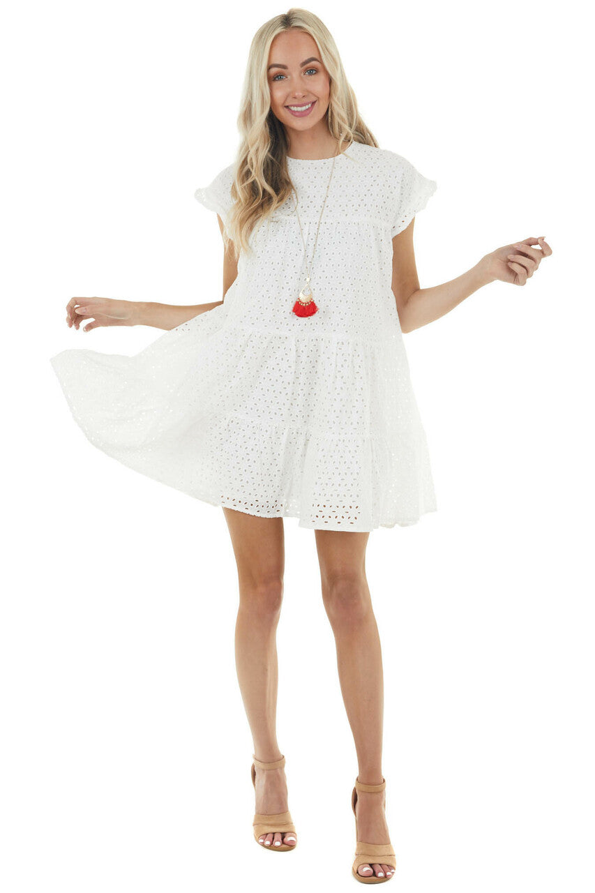 Off White Eyelet Woven Short Dress with Ruffle Sleeves