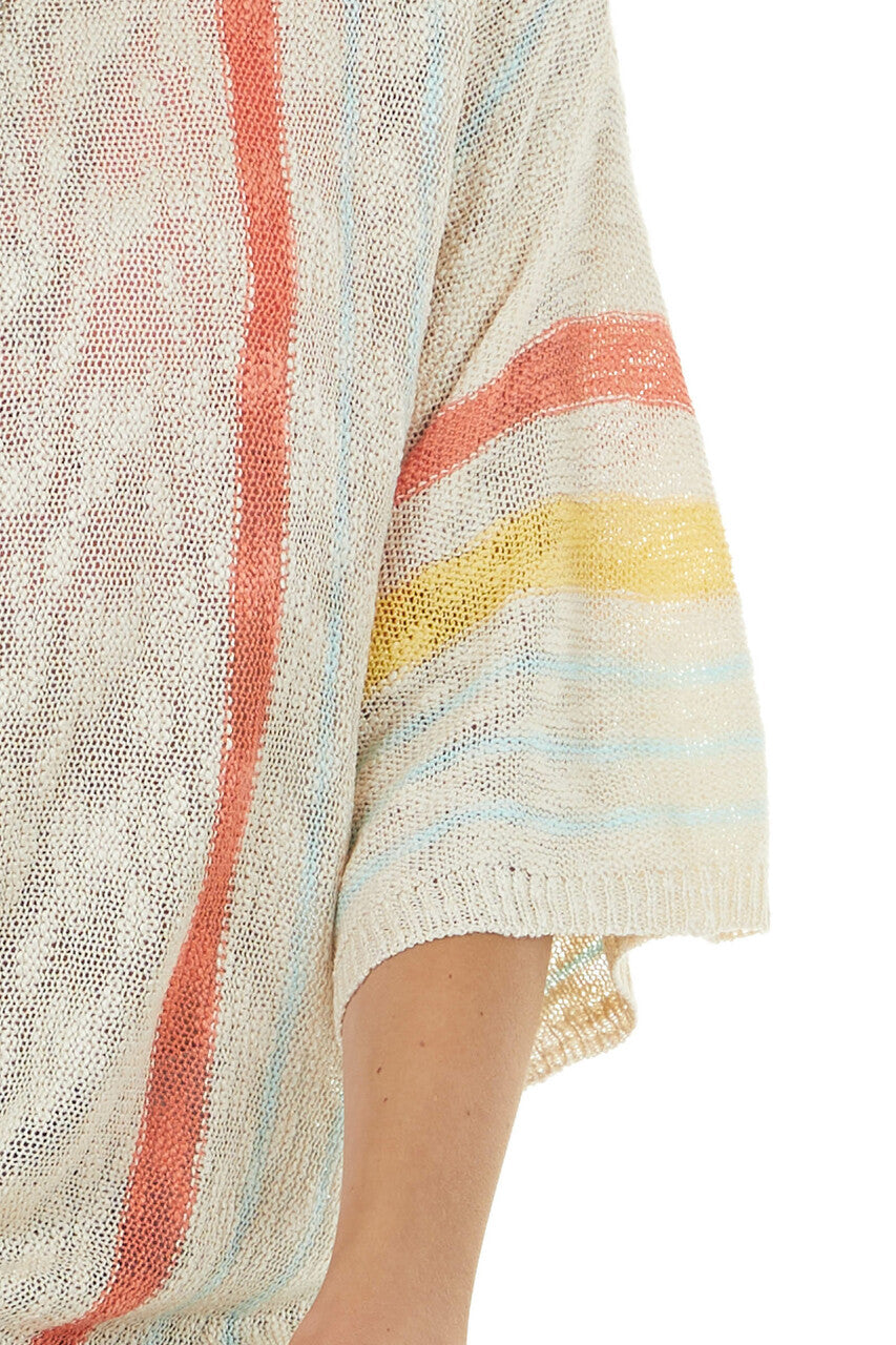 Desert Sand Striped Loose Sweater with Half Length Sleeves 