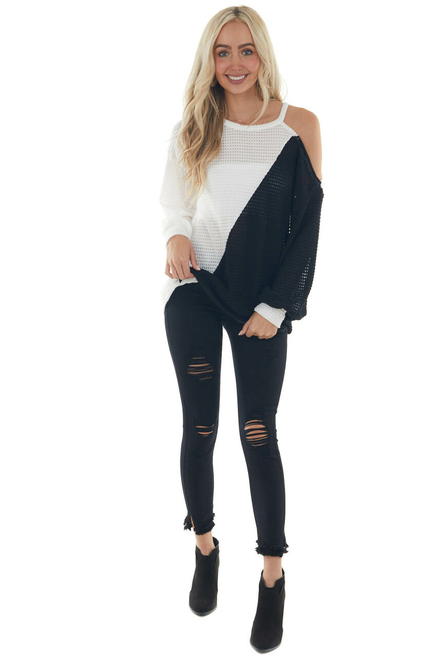 Ivory and Black Single Cold Shoulder Knit Top