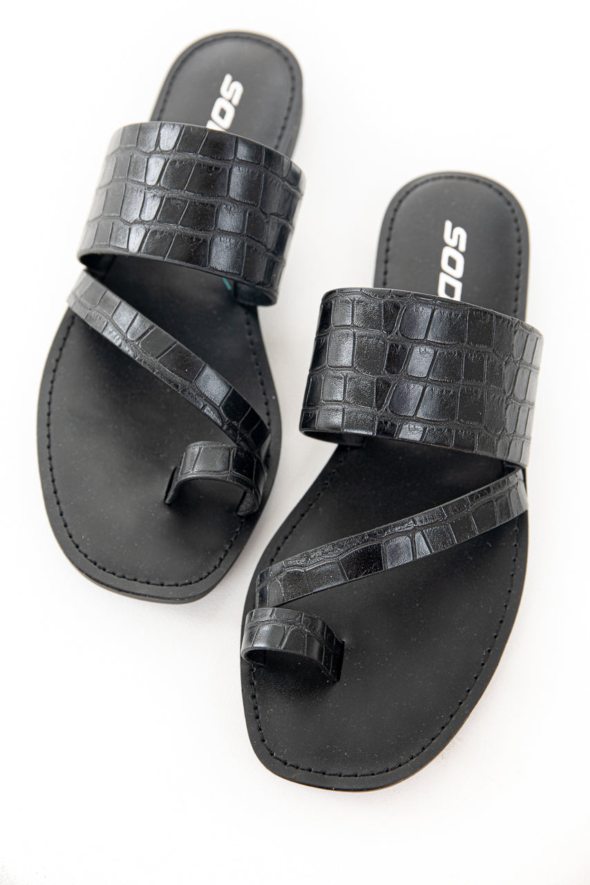 Black Crocodile Texture Strappy Flat Slip On Sandals