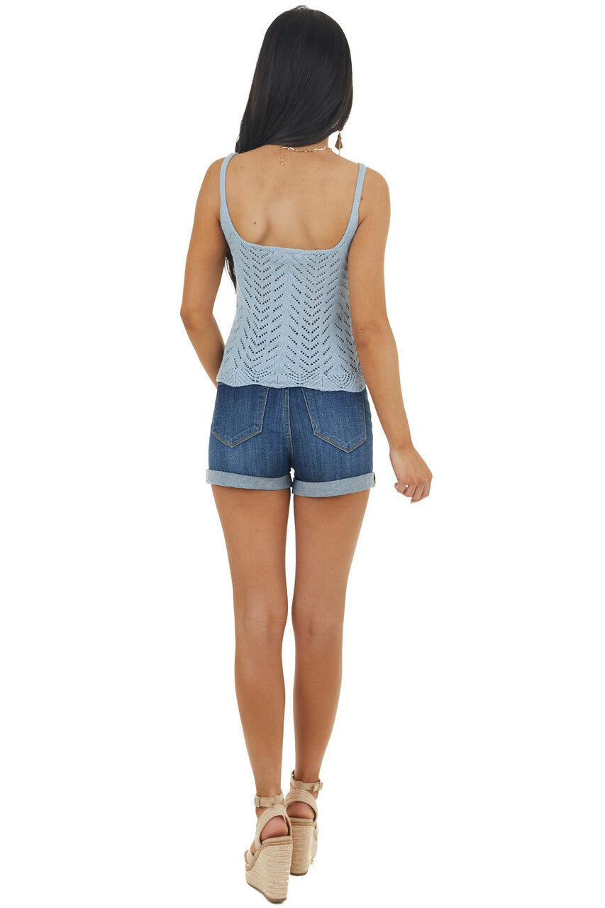 Dusty Blue Cropped Crochet Knit Tank Top with Scalloped Hem
